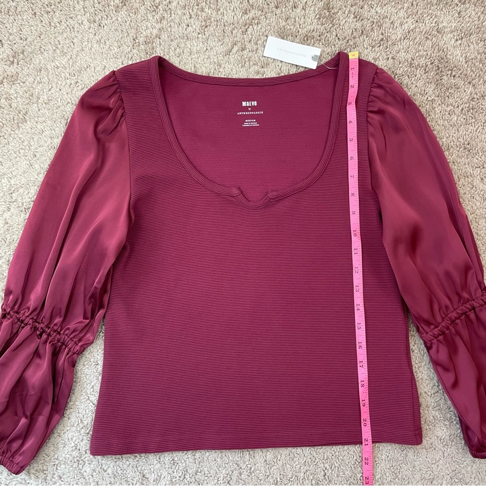Maeve by Anthropologie Ribbed Tiered Long Sleeve Top in Burgundy Size Medium NEW - Picture 12 of 16